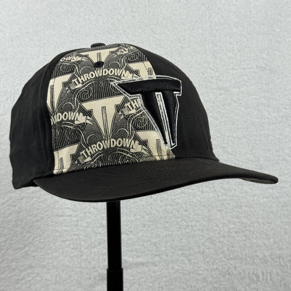 Throwdown Hat Cap Fitted Mens Small‎ Black Beige Graphic Embroidered MMA Style
